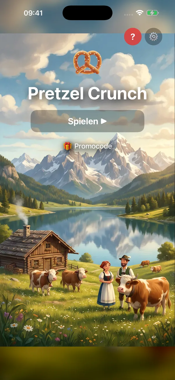 Pretzel Crunch Startbildschirm – bayerische Almlandschaft mit Brezel-Logo, Trachtenpaar und Kühen vor Bergpanorama