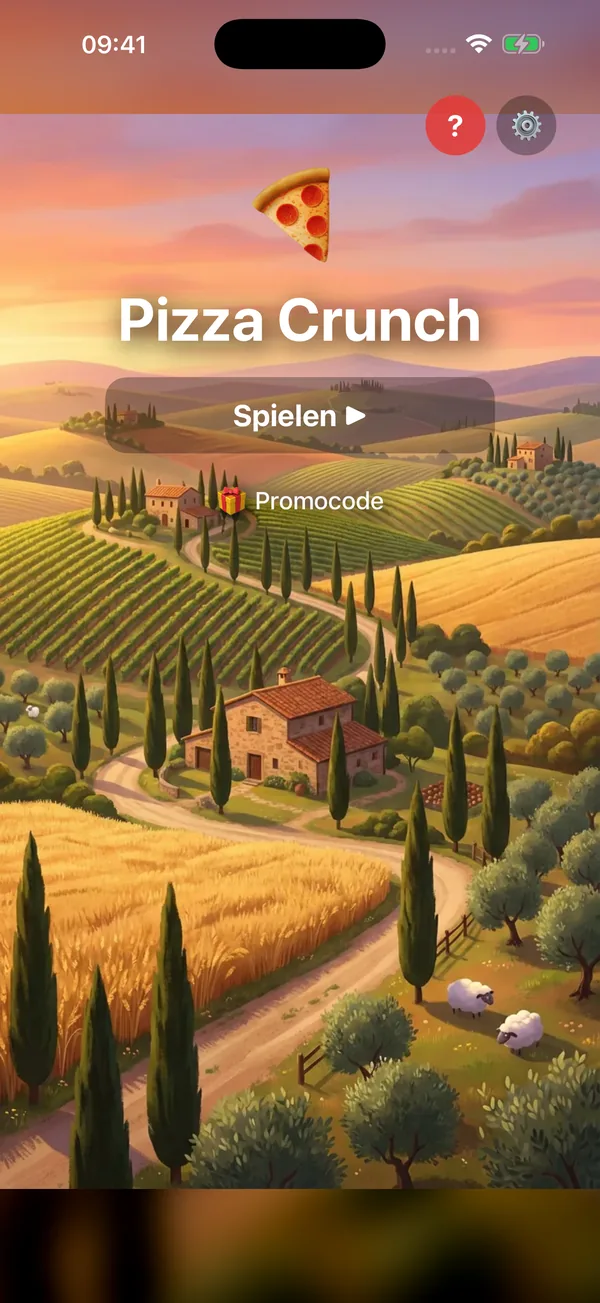 Pizza Crunch Startbildschirm – toskanische Hügel mit Weinbergen und Zypressen, italienische Themenwelt