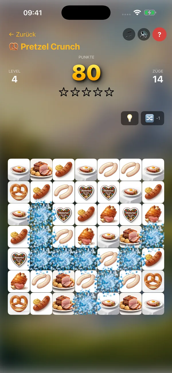 Pretzel Crunch Level 4 – bayerisches Match-3-Spielfeld mit Brotzeit-Tiles und blauer Specials-Animation