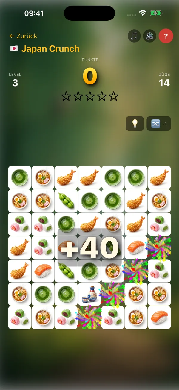 Japan Crunch – Match-3 mit Sushi, Tempura-Garnele, Mochi und Matcha als japanische Spielsteine, 40 Bonuspunkte