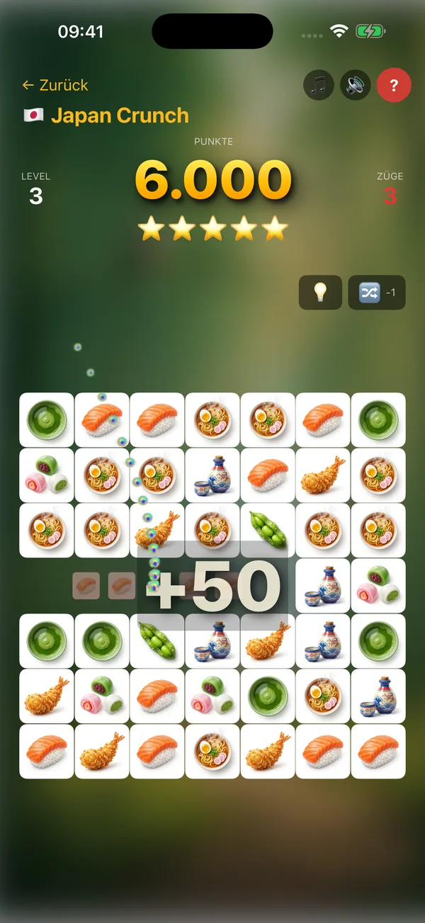 Japan Crunch Level 3 geschafft – 5 Sterne und 6000 Punkte im Match-3-Brain-Puzzle mit Sushi-Tiles