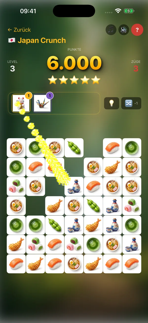 Japan Crunch – Aufgaben Winkekatze und Origami-Kranich auf dem Match-3-Spielfeld