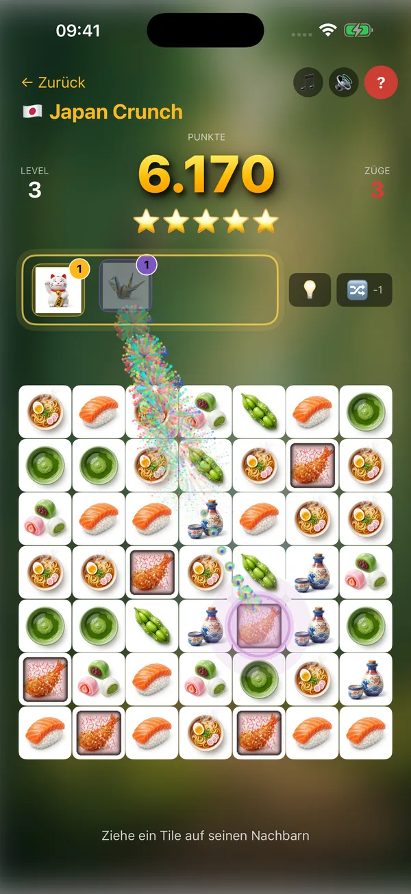 Japan Crunch – Match-3 Combo mit Specials-Animation und 6170 Punkten auf japanischen Tiles