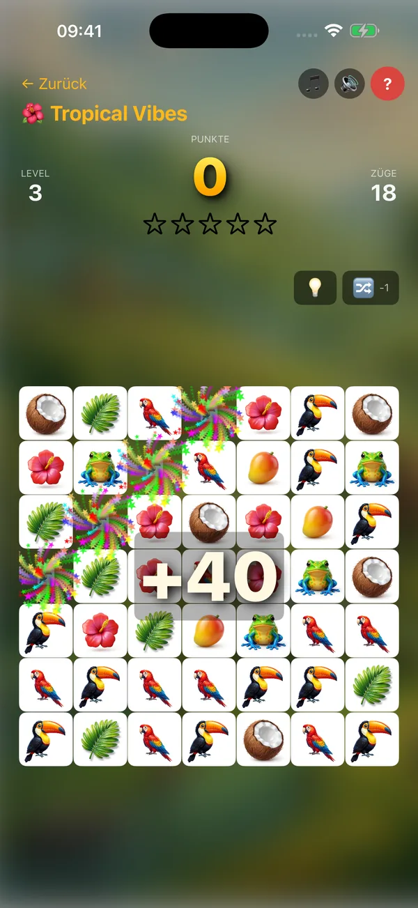 Tropical Vibes – Match-3 mit bunter Specials-Animation und tropischen Food-Tiles, 40 Bonuspunkte